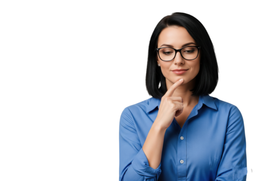 Pensive woman with a thoughtful expression isolated on a transparent background

