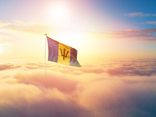 Barbados national flag aerial view clouds in beautiful sky. Top view. Drone. Aerial bird's eye fly...