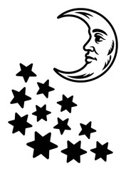 Crescent moon with face and falling stars vector