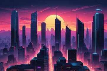 A vibrant, futuristic cityscape silhouetted against a vivid sunset with a pink and orange sky.