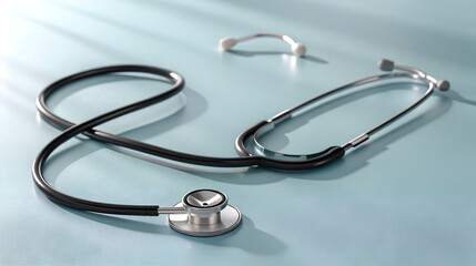 Medical stethoscope on a light blue surface with soft lighting