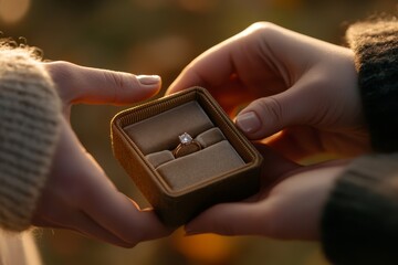 Hands opening a velvet ring box outdoors at dusk, intimate tender moment before the proposal