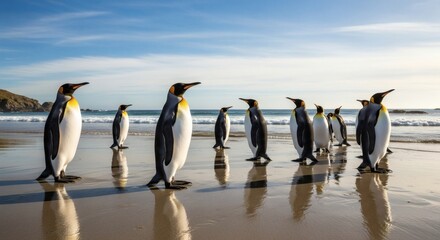 A group of king penguins stand on a sandy beach with the ocean and blue sky in the background, reflecting in the wet sand