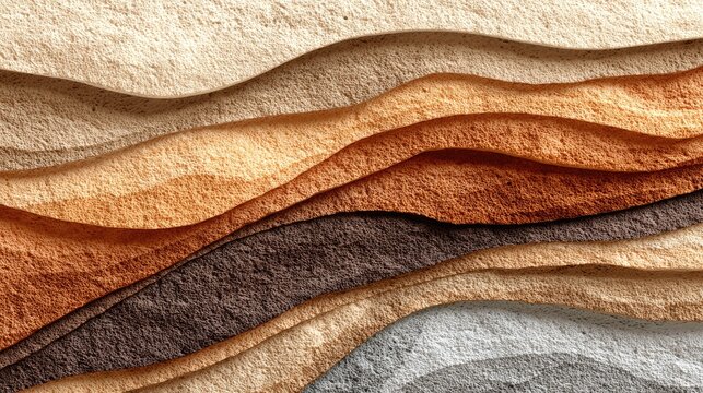 Abstract layered geological strata.  Multicolored, wavy, textured layers of sand or earth, creating a sense of depth and geological formations