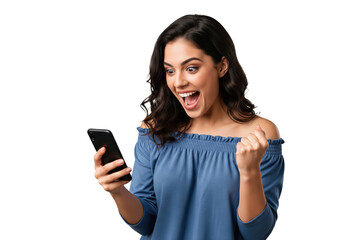 Excited woman celebrating good news on her smartphone isolated on a transparent background

