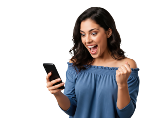 Excited woman celebrating good news on her smartphone isolated on a transparent background


