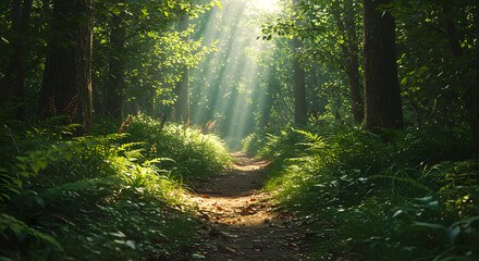 Obraz premium Pathway to the Light: A sunlit path winds through a vibrant forest, bathed in the ethereal glow of sunbeams. Capturing the beauty and serenity of nature's embrace.