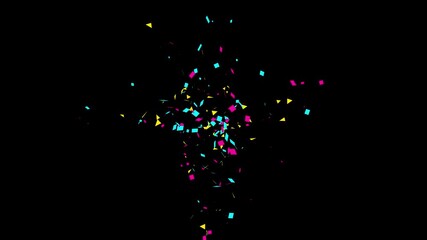 Colorful fireworks confetti explodes ,animation of the explosion and fall of confetti in 4k video. confetti bomb effect from the inside glitter background with gold slowly falling.