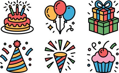 Fototapeta premium Colorful Birthday Party Icons with Cake Balloons and Gifts