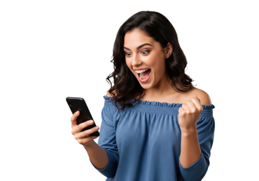 Excited woman celebrating good news on her smartphone isolated on a transparent background

