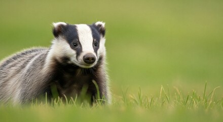 A curious badger with distinctive black and white markings sits in a lush green grassy field on a bright summer day