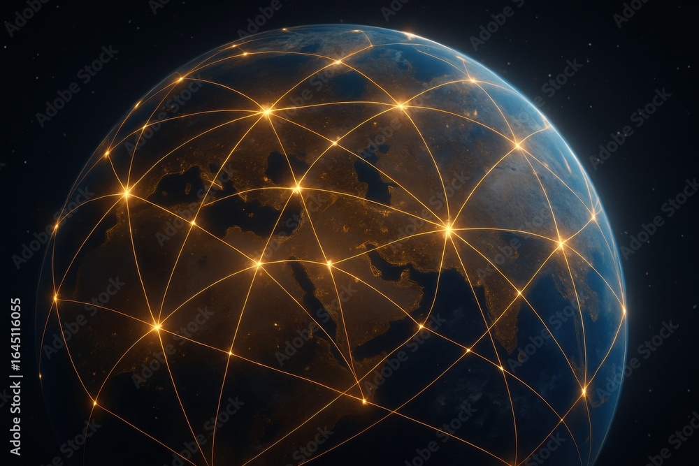 Poster oil logistics network. visual representation of a connected globe with glowing networks against a da