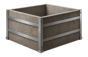 Rectangular concrete bunker with reinforced walls for aggregate storage in a concrete plant.