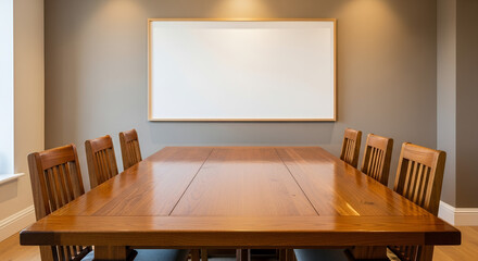 Blank horizontal frame above a long wooden dining table. template mockup