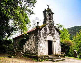 Fototapeta premium Aged stone chapel nestled in a verdant forest