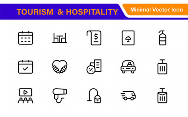 Tourism Hospitality icon set industry. Editable stroke. Travel set. Summer vacations and holiday symbol vector illustration. traveling tourism, elements.