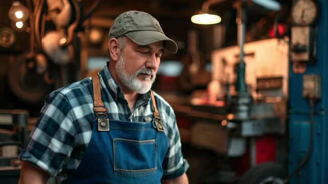 Portrait of a man with a beard wearing a cap and apron standing in a workshop with arms crossed