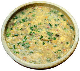 Traditional Japanese Egg Rice Porridge in Ceramic Bowl