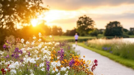 Obraz premium Jogging along a scenic path with blooming flowers at sunset