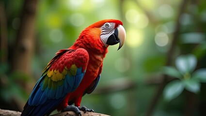 A scarlet macaw perched on a branch.