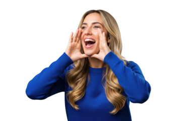 Joyful woman shouting with hands cupped around mouth isolated on a transparent background