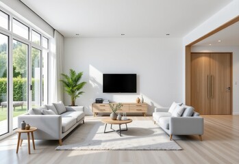 Fototapeta premium minimal modern living room with white base walls accented by light gray furniture soft daylight streaming through large windows clean lines and uncluttered layout focusing on airy bright neutral found