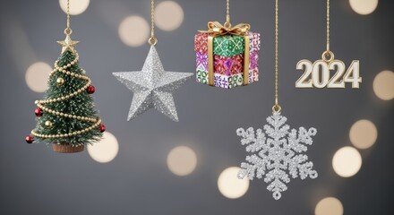2024 Festive Ornaments: Christmas Tree, Star, Gift, Snowflake