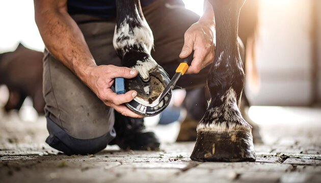 Careful trimming of a horse's hoof by a skilled farrier in stable setup - Powered by Adobe