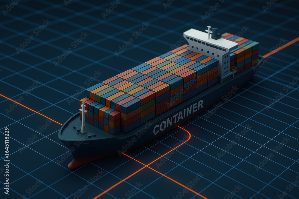 Poster oil logistics network. container ship navigating a grid-patterned ocean, loaded with colorful shippi