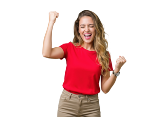 Excited woman celebrating with fists raised isolated on a transparent background

