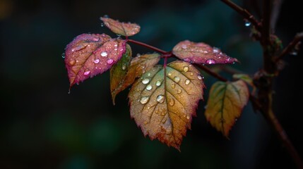 Close-up of dew-kissed autumn leaves
