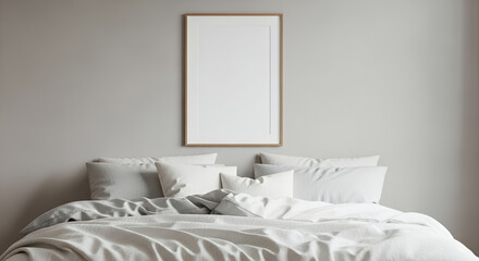 Empty poster frame surrounded by fairy lights on a bedroom wall. template mockup