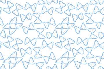 Italian Farfalle pasta, seamless pattern. Hand-drawn sketch in the style of engraving. Traditions of Italian cuisine. For menu design, packaging, etc. Vector drawing isolated on a white background.