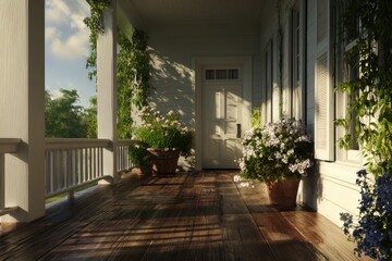 Sun-dappled porch of a white house, with potted flowering plants and wooden railings, casts shadows on the warm brown wooden floor