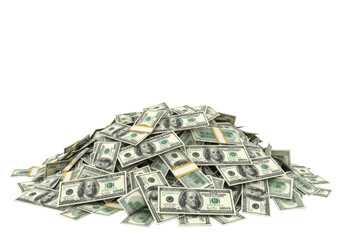 Large, meticulously arranged heap of crisp, new US 100 dollar bills in green, black, and gold, with Benjamin Franklin portrait details, against a transparent background with copy space, shot from a