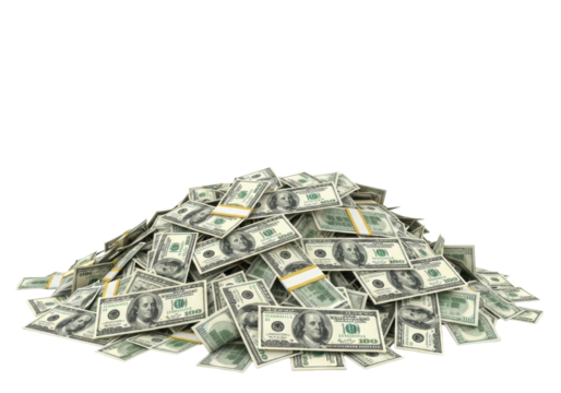 Large, meticulously arranged heap of crisp, new US 100 dollar bills in green, black, and gold, with Benjamin Franklin portrait details, against a transparent background with copy space, shot from a