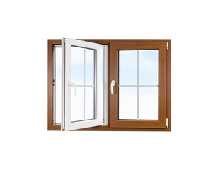 Brown wooden door closed isolated on white background