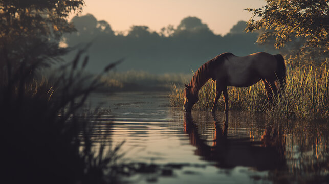 Horse drinks from misty river water at dawn with tall grass and reflective surface serene landscape
