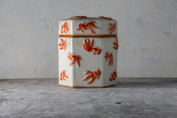 Mizusashi Chadougu Kingyo Youjianju Hexagonal Water Jar with Goldfish Relief Chinese Porcelain 20th Century