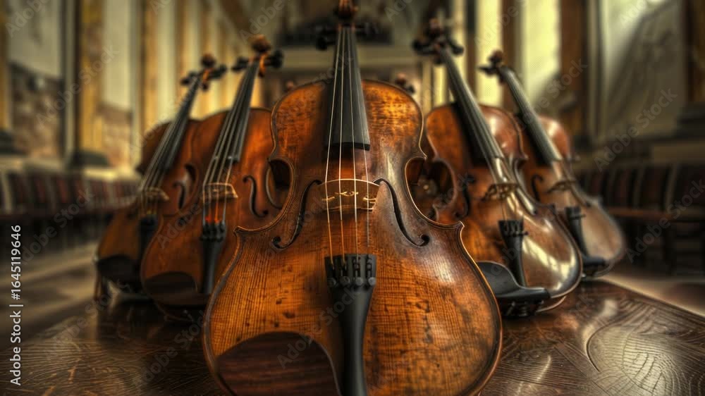 Poster a group of violins arranged on a wooden table, ideal for use in music-related contexts or as a decor