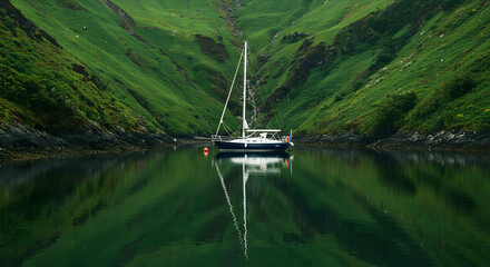 Serene Sailing on the Emerald Waters: A solitary sailboat, its mast reaching towards the sky, glides serenely upon tranquil, emerald waters, perfectly mirroring the lush.