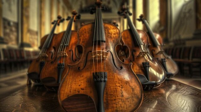 A group of violins arranged on a wooden table, ideal for use in music-related contexts or as a decorative element