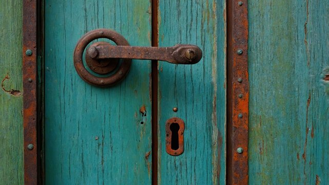 Aged teal-colored door with rusty hardware.