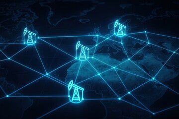 Oil logistics network. Digital oil rig network on a global map with glowing connections.