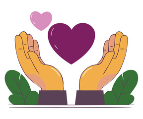 Obraz premium Illustration of caring hands holding purple heart symbol representing love, compassion and kindness
