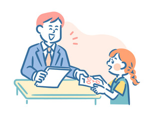 A girl is happy when her teacher praises her test results