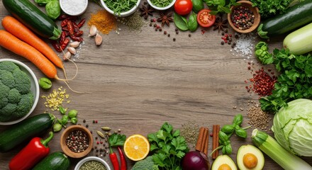 Vegetable and Spice Border on Wood Table for Food Photography
