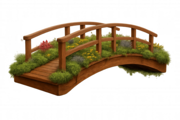Arched wooden bridge covered by grass and flowers isolated on transparent background, ideal for architectural visualizations