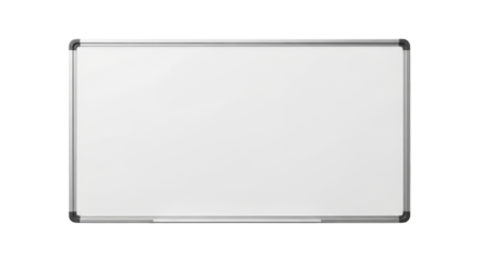 A pristine, new, empty, horizontal whiteboard with a sleek, modern silver frame, isolated on a pure, transparent background with ample copy space, concept of new beginnings and potential