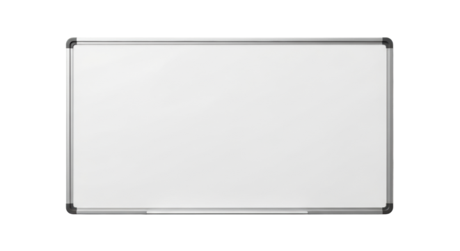 A pristine, new, empty, horizontal whiteboard with a sleek, modern silver frame, isolated on a pure, transparent background with ample copy space, concept of new beginnings and potential
